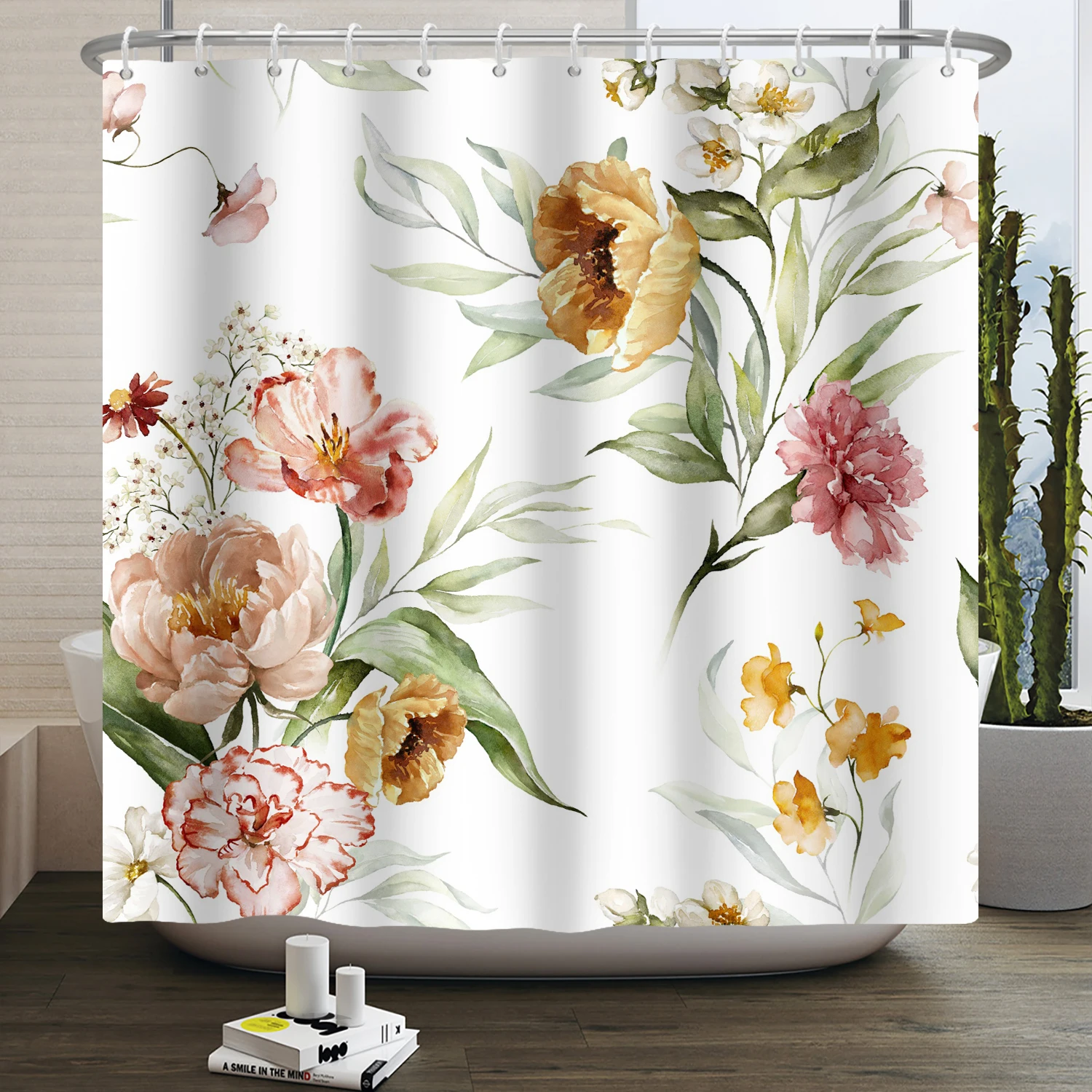 Boho Luxurious Floral Shower Curtain Green Leaf Waterproof Curtains Polyester Bathtub Screen Bathroom Textured Machine Washable