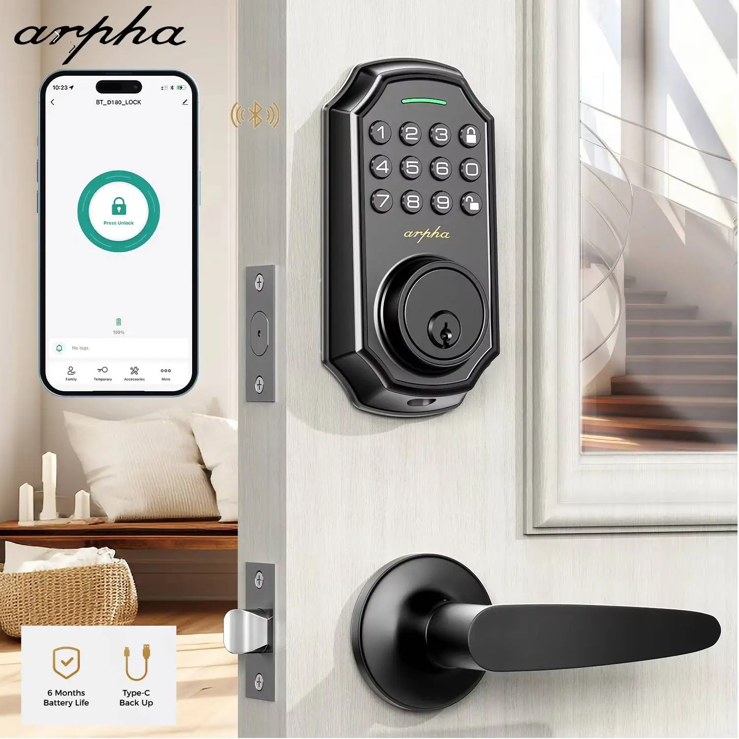 Arpha Smart Lock D180H Fechadura de porta de entrada sem chave com conjunto de 2 alças Teclado eletrônico com controle por aplicativo Teclado de código 100 com alça
