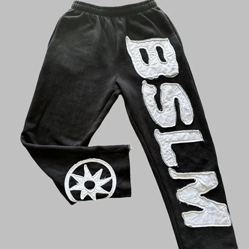 

Весенние свободные прямые женские повседневные брюки из США с вышитыми буквами и цветами, уличная мода, повседневные брюки с эластичной резинкой на талии 2025