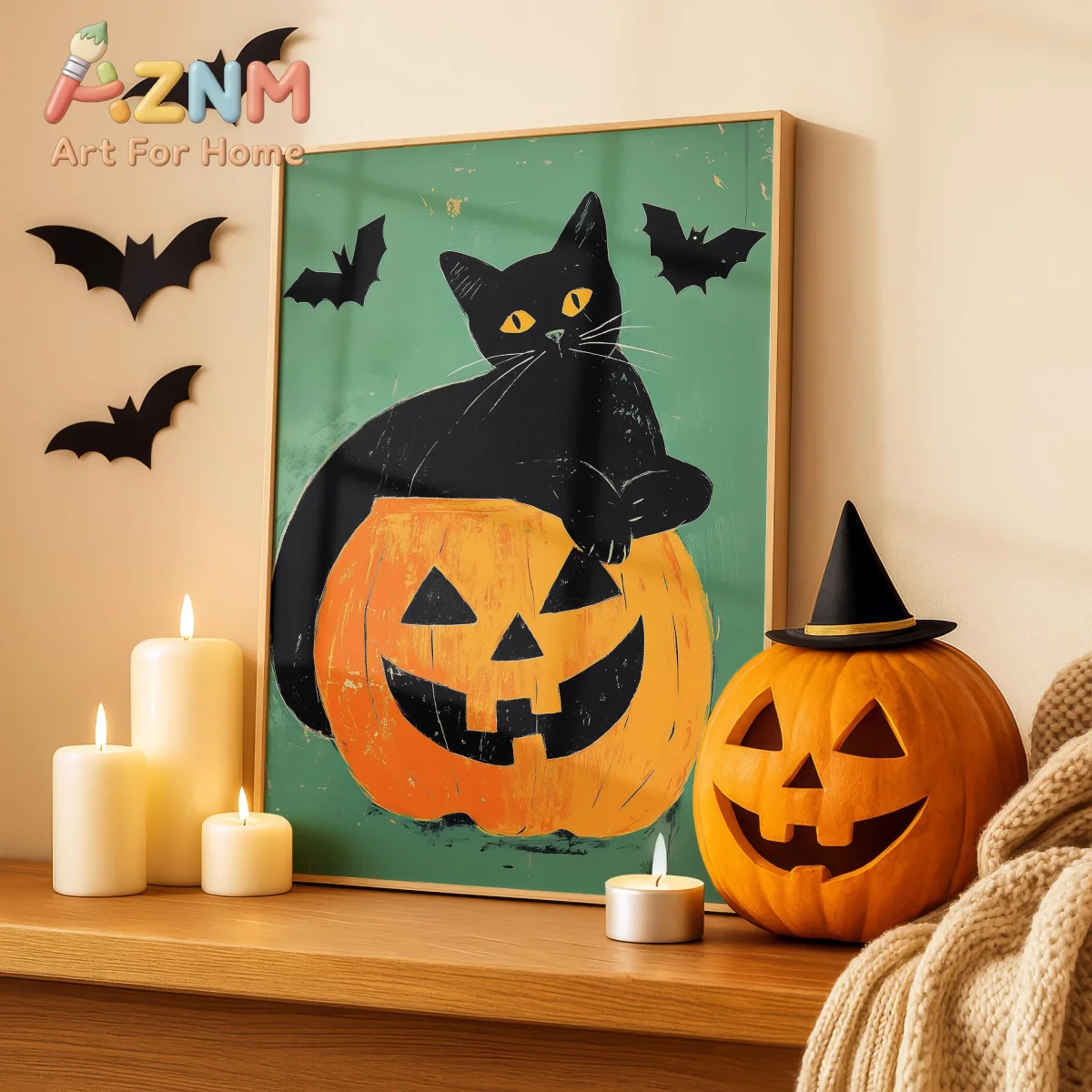 Whimsical Black Cat with Pumpkin Canvas Prints Poster Retro Spooky Dark Art Prints Bedroom Home Decor Art Poster Halloween Gifts
