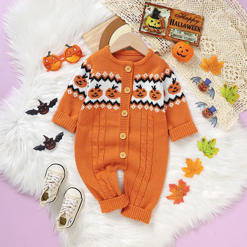 Halloween Baby Boy Girl Clothes Winter Orange Full Sleeve Knitted Newborn Infant Winter Rompers Toddler Casual Outwear Jumpsuits