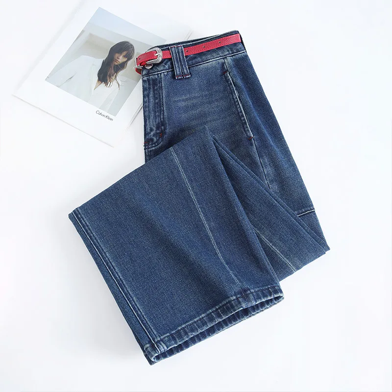 Celana Denim Scythe Wide-Leg untuk Wanita, Celana Banana Lurus Ketat Model High-Waisted Longgar untuk Musim Semi dan Gugur Terbaru