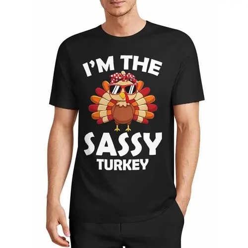 Sassy Turkey Wearing Sunglasses and Headband I'M the Sassy Turkey Thanksgiving Print Black T-Shirt