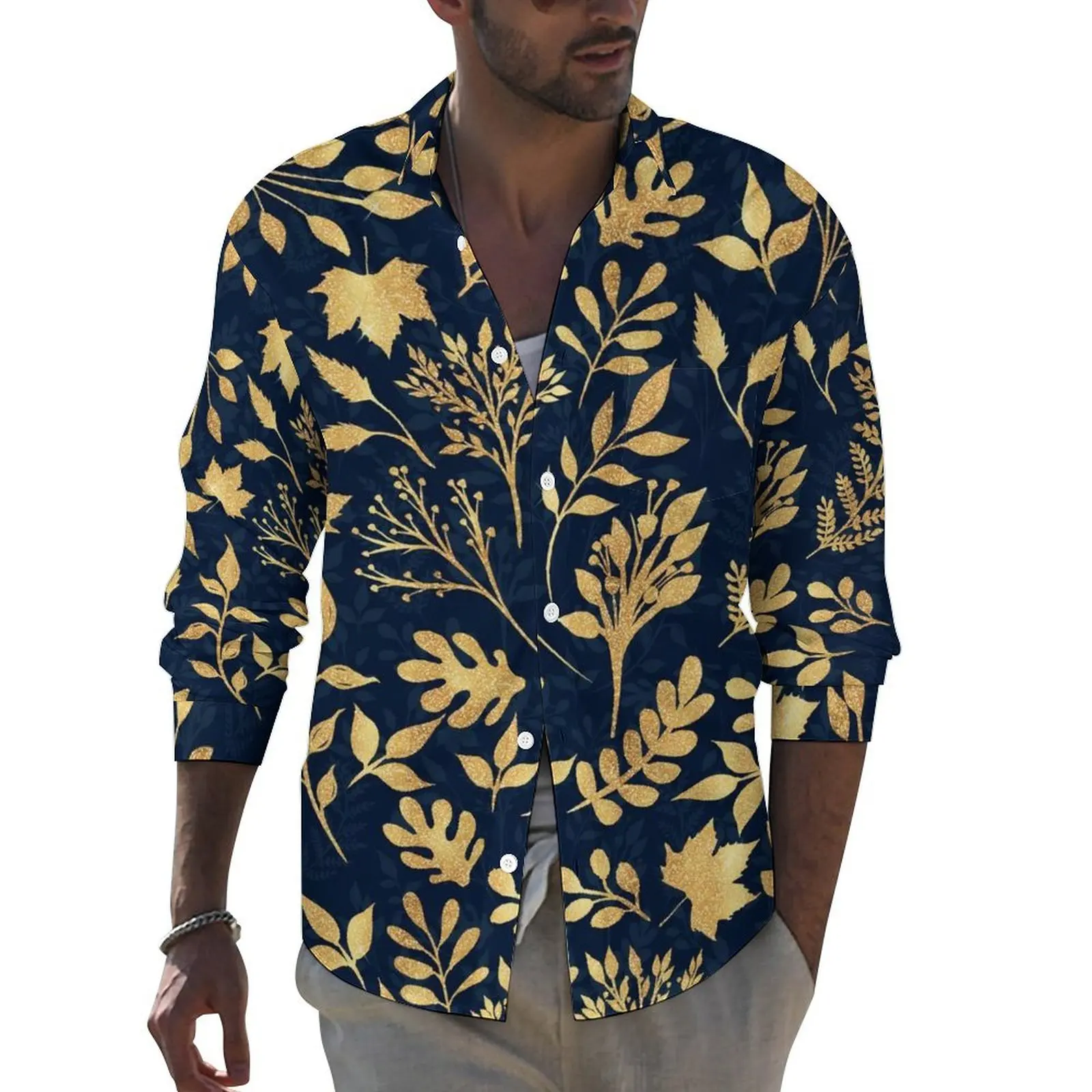 

Gold Glitter Leaf Shirt Male Elegant Floral Print Casual Shirts Autumn Street Blouses Long Sleeve Vintage Oversize Clothing