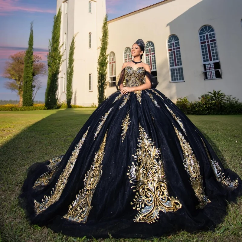 

Black Quinceanera Dresses Off the Shoulder Crystal Decal Golden Glitter Layering Long tail Vestidoe 15 Quinceanera Customize