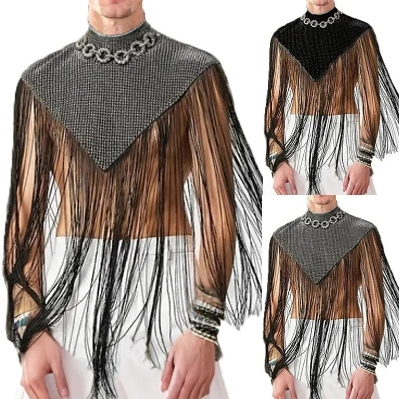 New Men's Tops Trendy Fashion Splicing Irregular Sleeveless Cape Sexy Streetwear High Neck Tassel Vest new in tops & tees