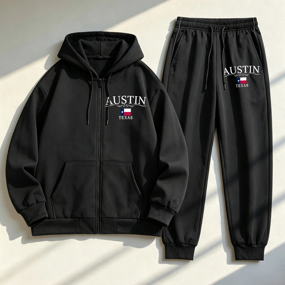 2Pcs Zipper Hoodies Set Women Austin Texas Prints Sweatpantsautumn Oversized Fleece Warm Pants Sweatshirt Casual Pocket Clothes