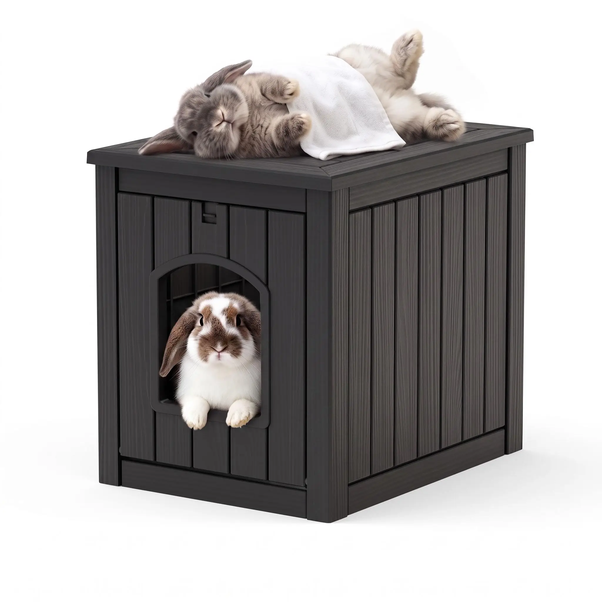 Outdoor Rabbit Hutch, Multi-Functional Hidden Bunny Cage with Side Table, Open Front Door & Raised Base, Easy Clean