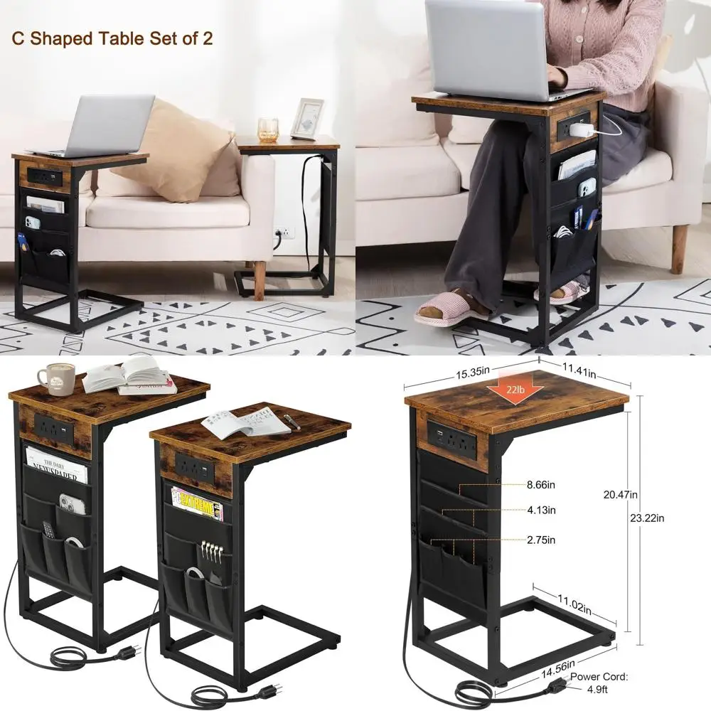 

Тумба-столик для зарядки в форме буквы C, набор из 2-х столиков-подставок для ТВ, приставные столики для хранения под диван, выдвижной столик под диван с USB и розетками, в деревенском стиле