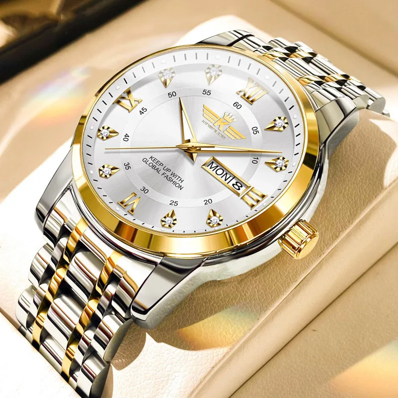 Montre-bracelet étanche de luxe pour hommes, acier inoxydable, montre à quartz, horloge masculine, date, semaine, affaires, mode, nouveau, 2024