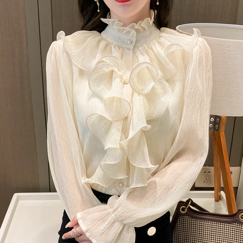 Vintage Ruffles Clothes Elegant Lace Blouse Women Spring Stand Collar White Chiffon Shirt 2023 Long Puff Sleeve Loose Tops 12946