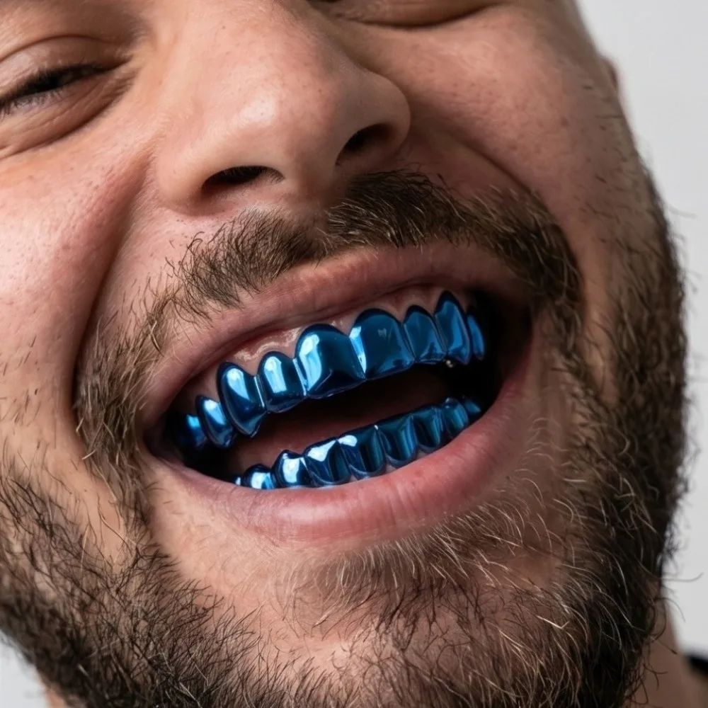 Blue Colorful Teeth Grillz Top Bottom Set Anti Slip Eco-friendly Copper Teeth Grillz Caps Shiny Glossy Finish Teeth Jewelry