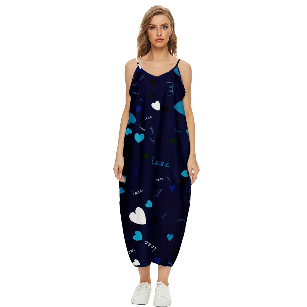 

Spring Summer Women Love Printed V-Neck Sexy Beach Long Maxi Dress Split Sleeveless Clothing Holiday Vestido