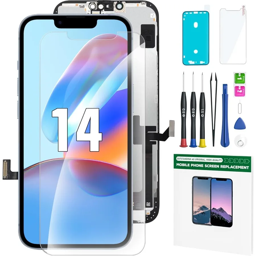 

iPhone 14 Screen Replacement Kit 6.1 LCD Display 3D Touch Full HD Digitizer Full Assembly Repair Kits Waterproof Frame Sticker+