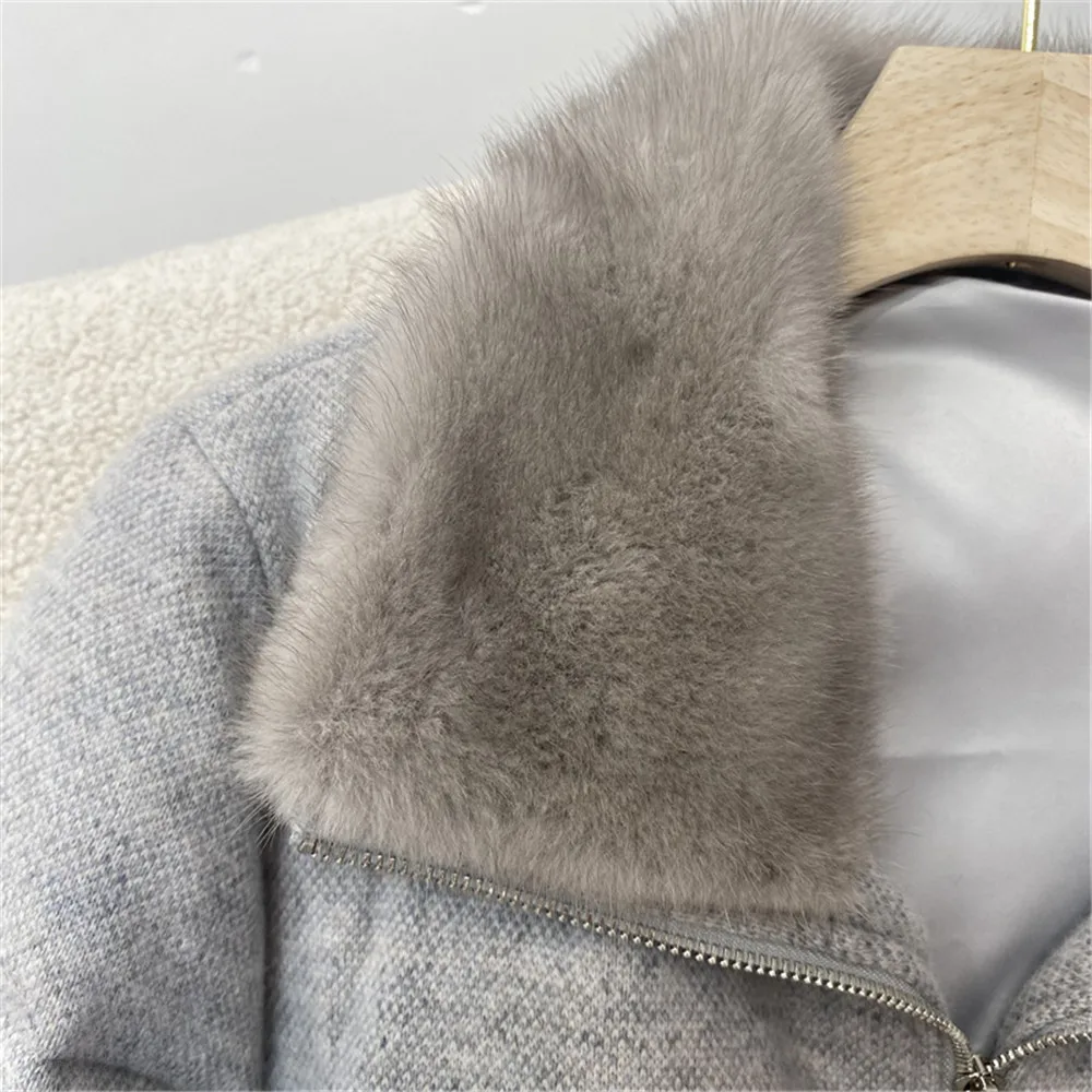 High Quality Women's Cashmere Wool Knitted Goose Down Jacket Winter Warm Mink Fur Collar Fur Coat