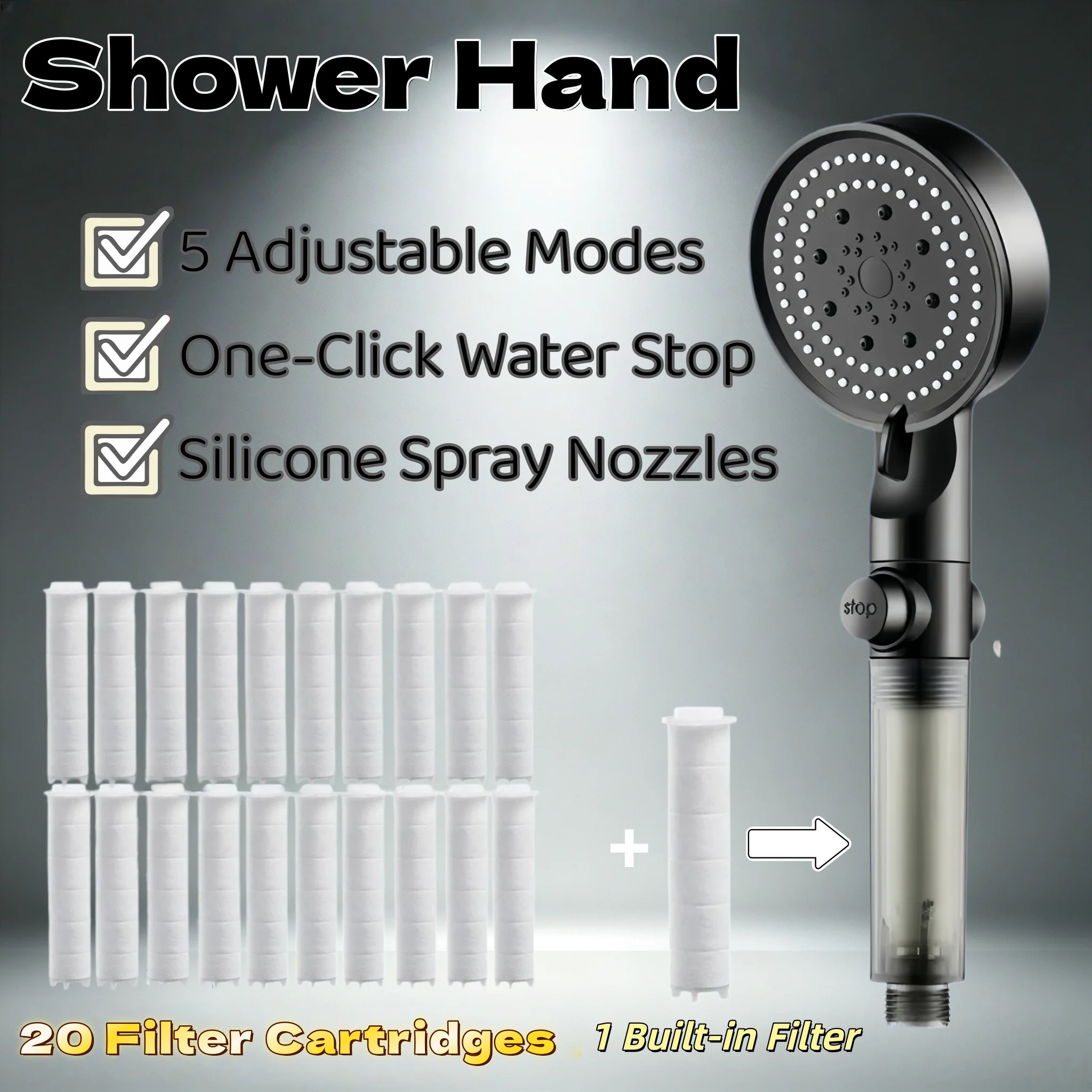 Black High Pressure Water Saving Shower 5 Modes One Key Stop Silicone Water Outlet Nozzles 20/15/10 Filters