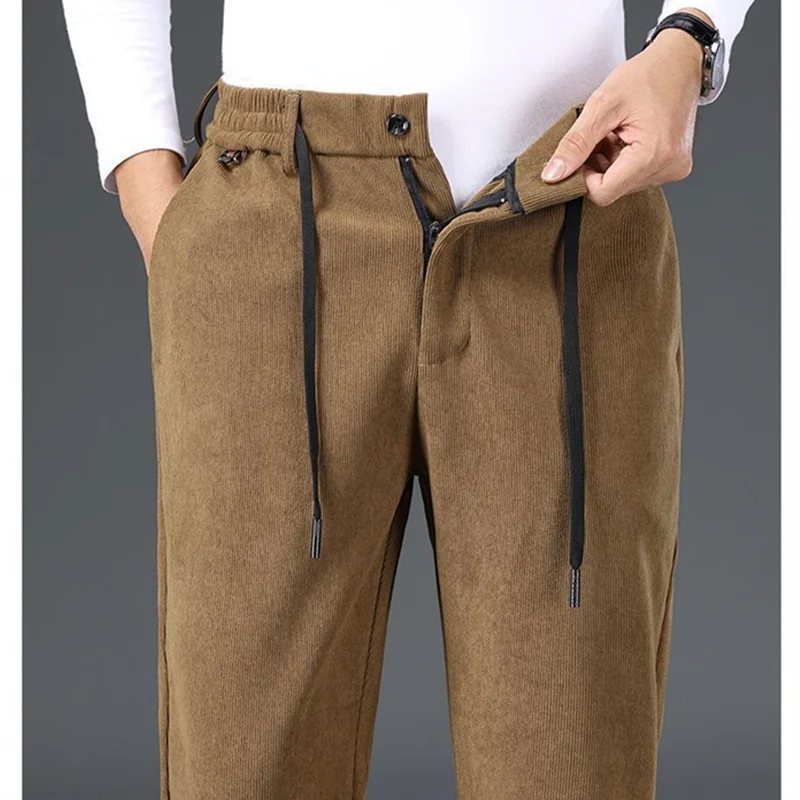 

Men's Casual Straight Leg Pants Thickened Fleece Corduroy Slim Business Trousers Winter Warm Elastic Waist Button Ankle Pants