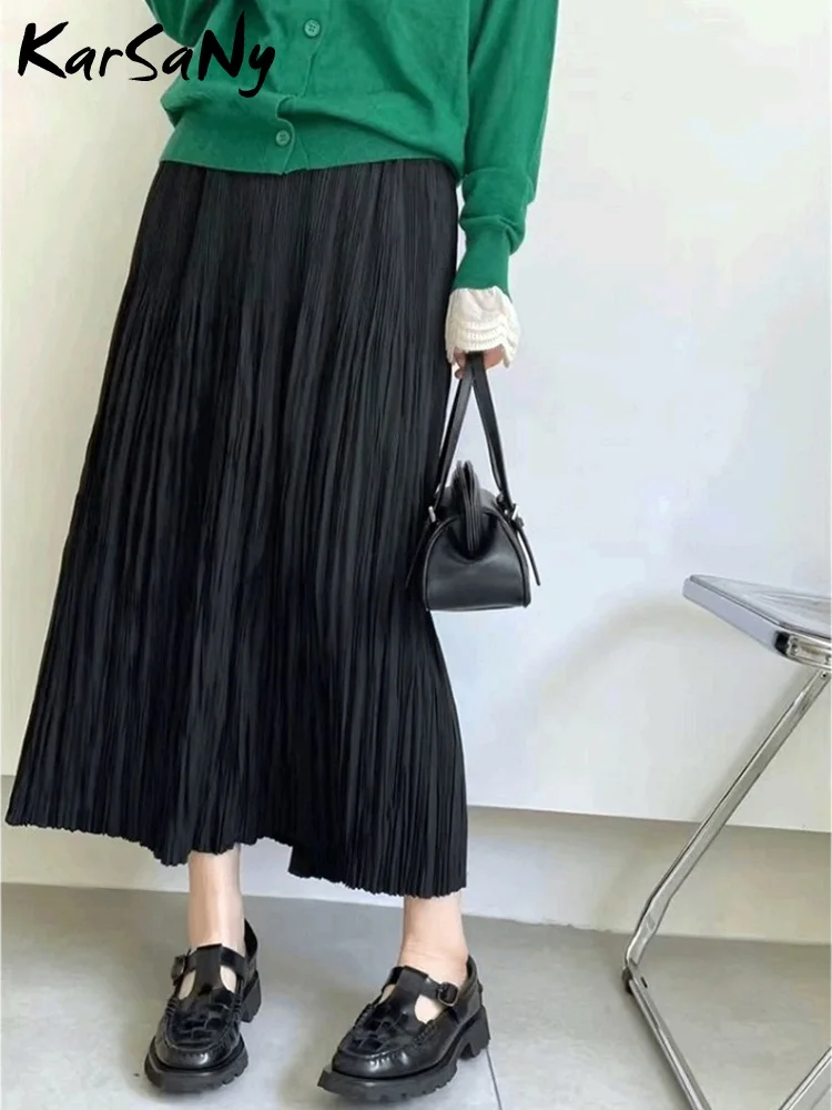 

Long Pleated Skirts Womens Gray Summer Spring Elastic Waist Pink Solid A Line Long Skirt Women White Summer Skirt Maxi For Women