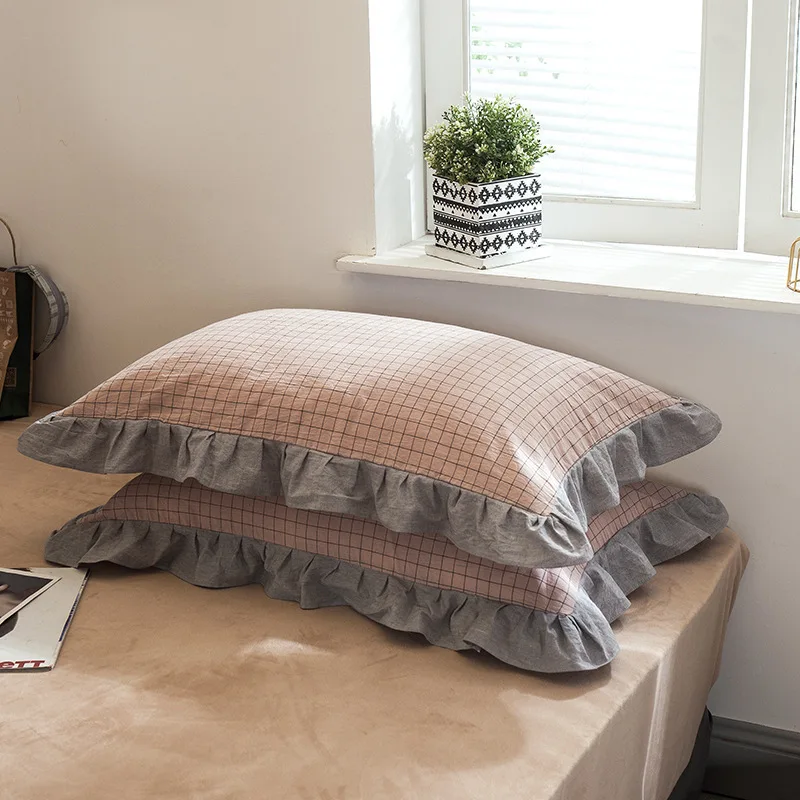 2 Stück 48 x 74 cm gewaschener Baumwoll-Kissenbezug mit Rüschen, kariertes Bettwäsche-Set, weicher dekorativer Kissenbezug für Mädchenzimmer