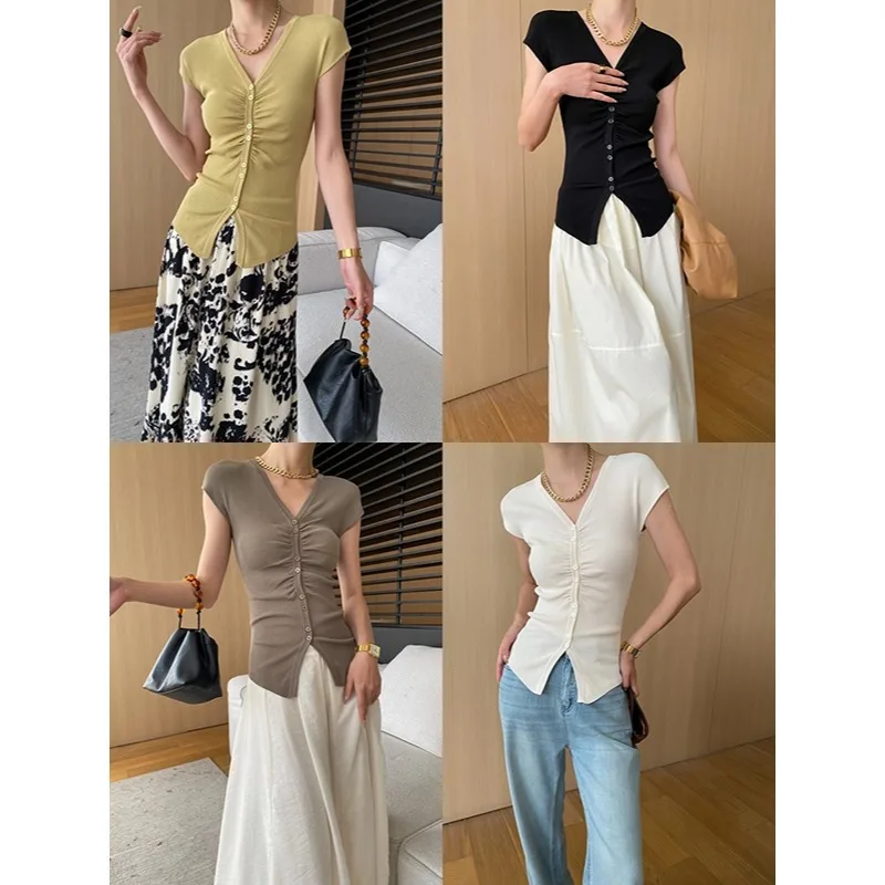 Summer V-neck Knit Cardigans Women Pleated Slim Short Sleeve Solid Color Knit Tops