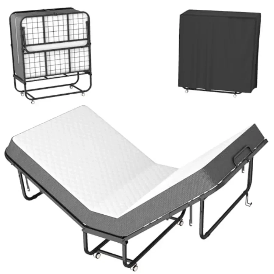 Folding Bed with 5'' Memory Foam Mattress, 75 x 38 Portable Rollaway Guest Cot for Adults, Heavy-Duty Metal Frame with Smooth W