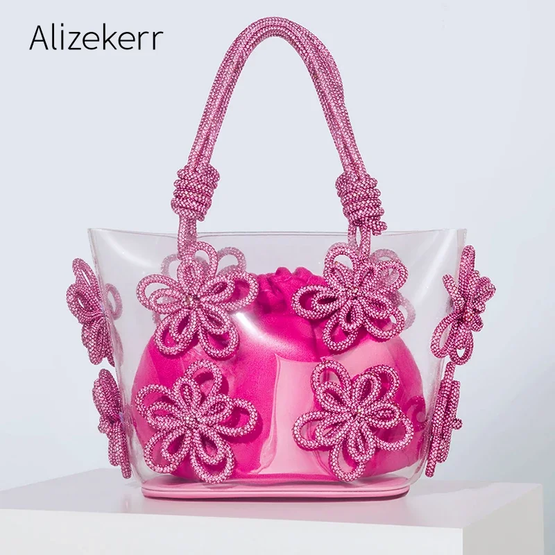 Diamond Flower Clear Beach Tote Bags Women Summer Holiday Boutique Handmade Woven Rope Rhinestone Purses And Handbags Wedding