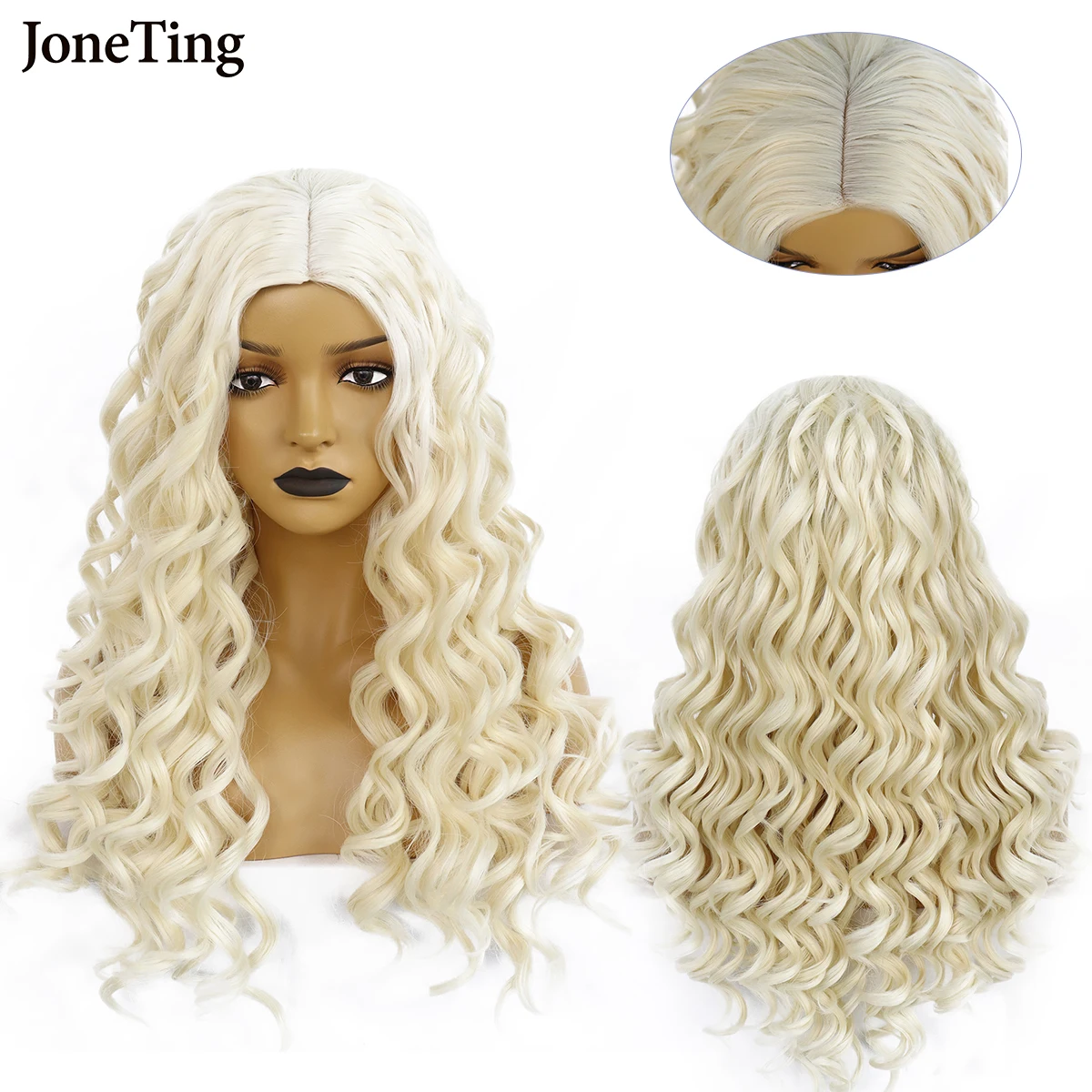 JONETING Synthetic Wigs 24IN White Kinky Curly Wavy Fiber Hair Princess Lolita Cosplay Costume Halloween Party Makeup Party Gift