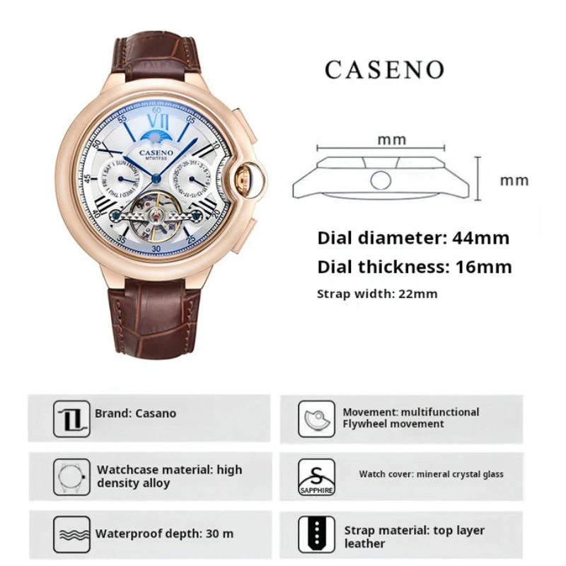 นาฬิกาผู้ชายหรูหรา Moon Phase นาฬิกากลไกอัตโนมัตินาฬิกาสัปดาห์วันที่ Tourbillon นาฬิกาสายหนังกันน้ํานาฬิกาทหารผู้ชาย