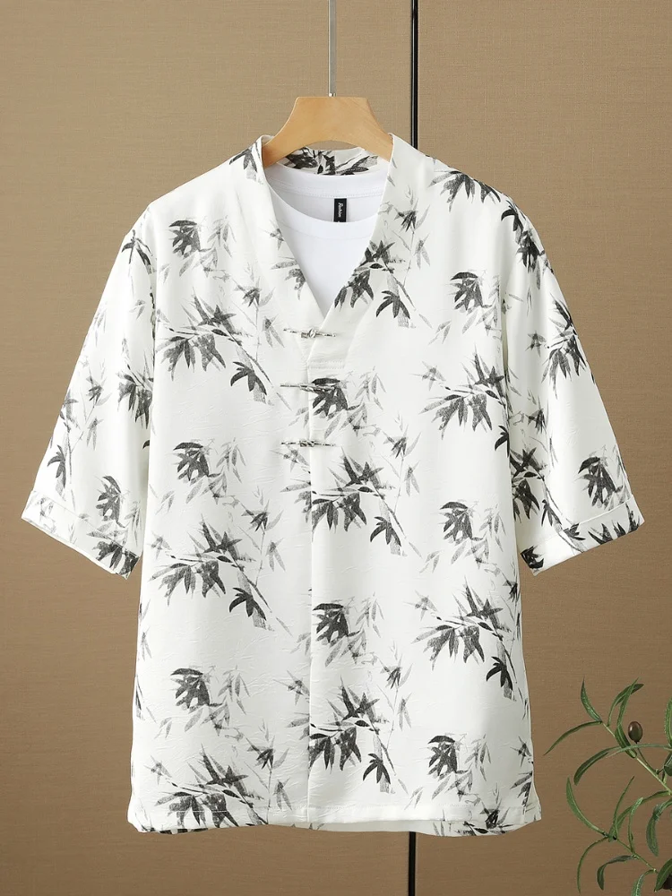 

Metal Buckle Ice Silk Short Sleeve Men's Shirt Summer Bamboo Print Tang Costume Hanfu New Chinese Style Thin Youth Fashion Lo...