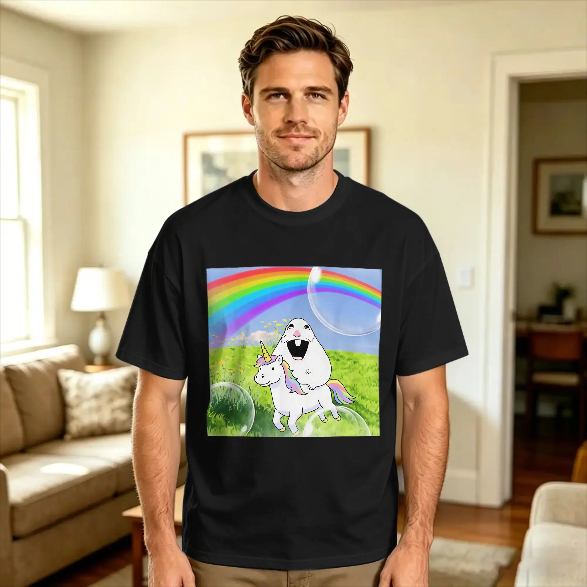 Men's Happy Hamster Riding Unicorn Funny Meme T Shirts  Cotton Clothing Summer Vintage Short-Sleeve T Shirt Crew NeckTshirt