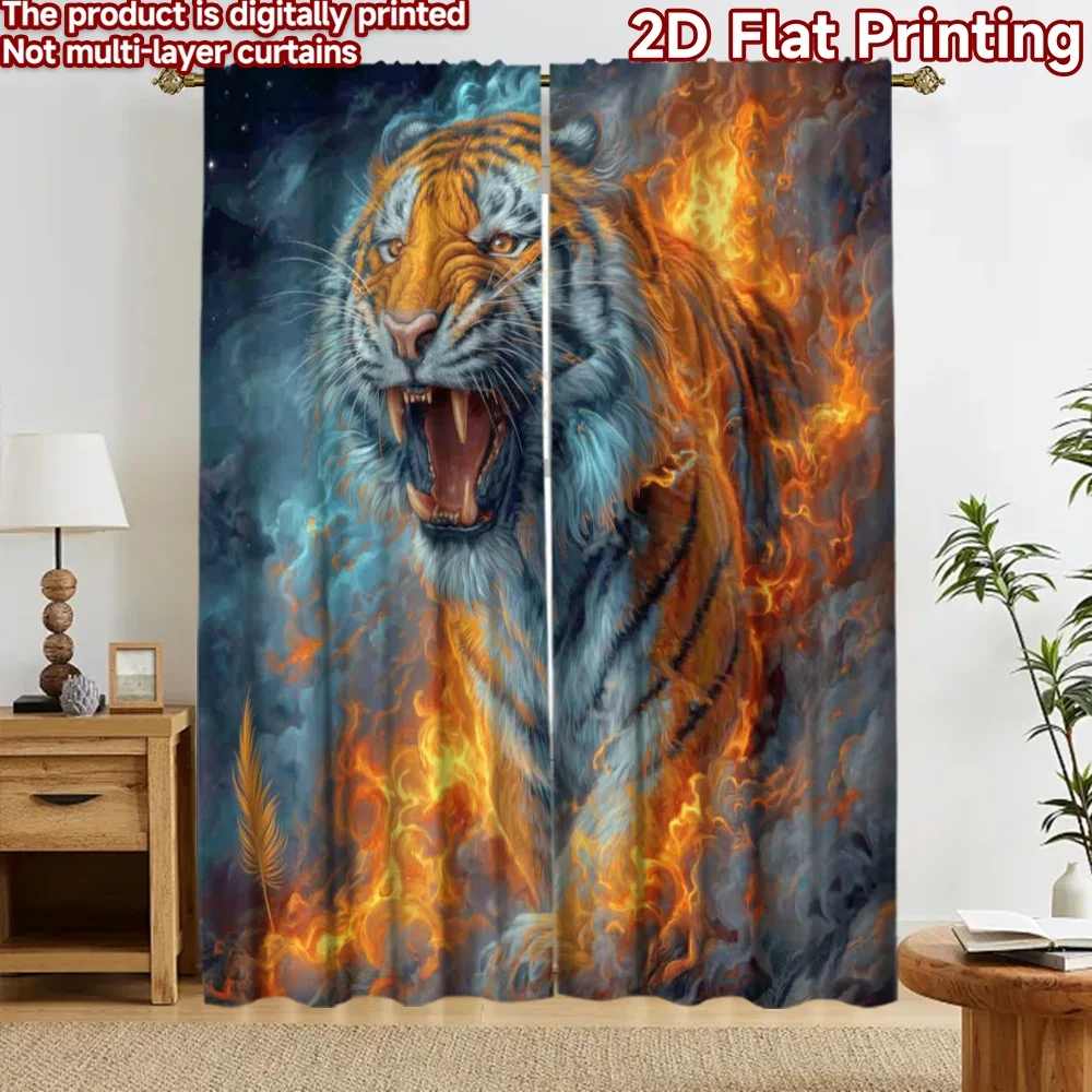 2D flat 2pcs Curtain Country Style Curtains Fiery Roaring Tiger Digitally printed polyester, colorfast Family Party Decoration