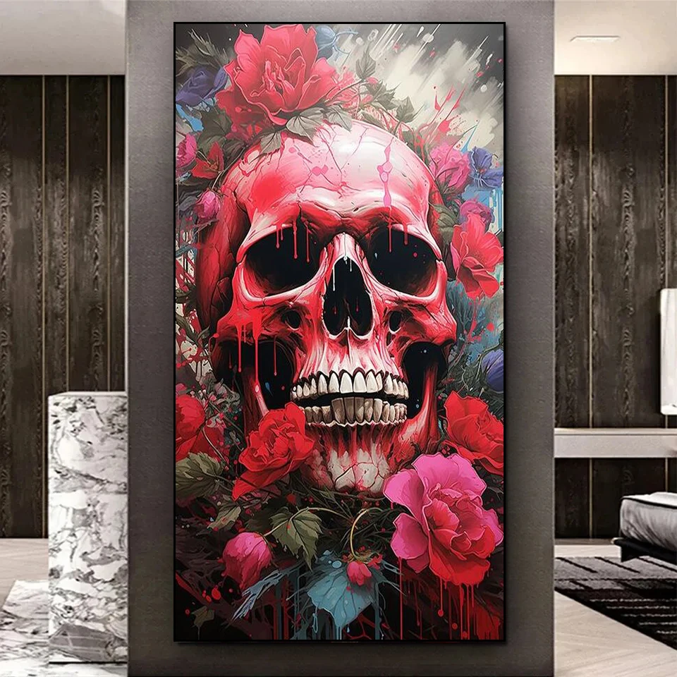 Gothic Red Flower Skull 5d Diamond Painting New 2024 Full Diamond Mosaic Embroidery Rhinestone of Picture Cross Stitch Halloween