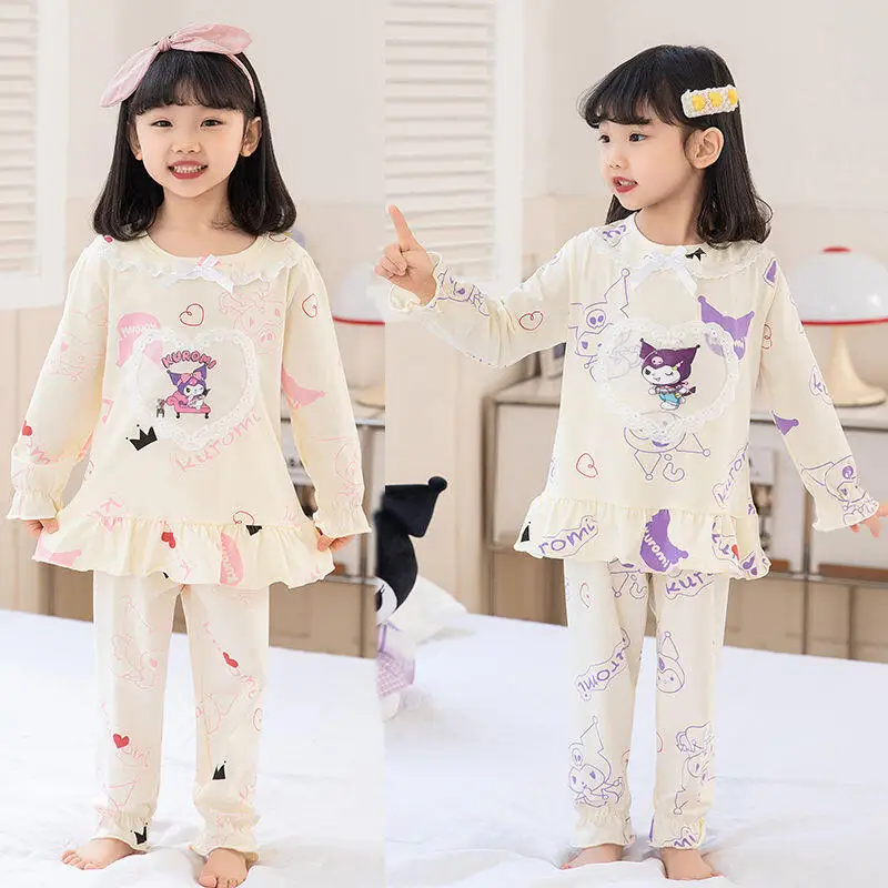

Пижамы Sanrio Kuromi, комплект из 2 предметов, кружевные штаны для девочек, детская весенне-осенняя кавайная модная одежда с героями мультфильмов аниме, новый стиль, домашняя одежда