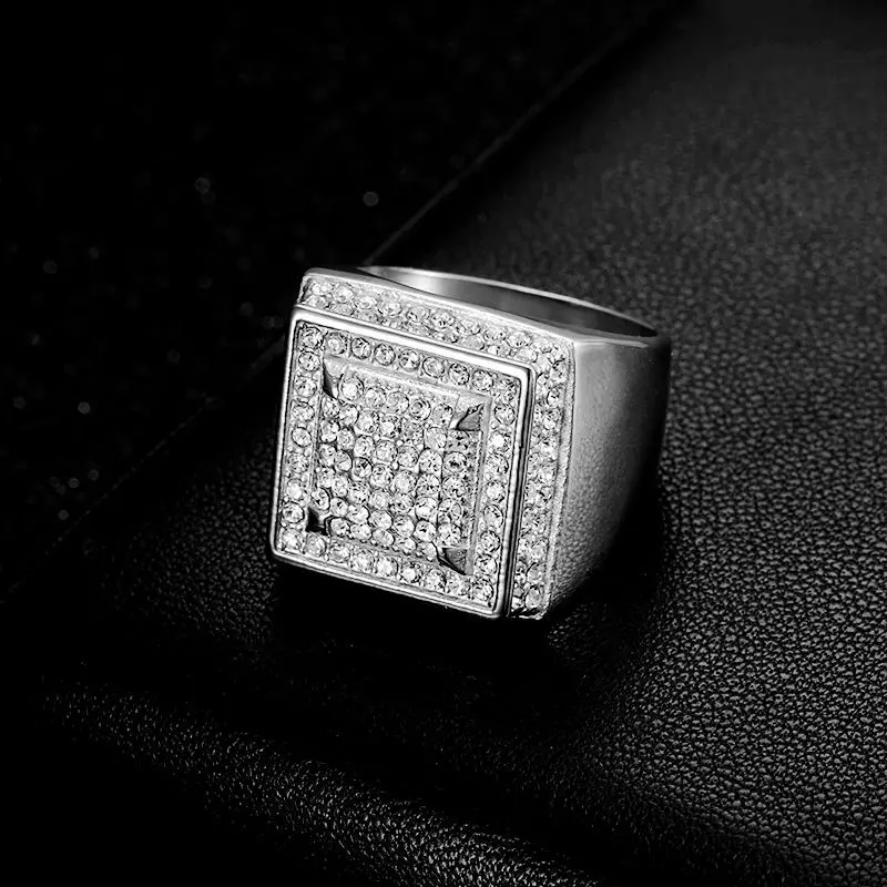 HIP hop Signet Ring for Men, gold color Square Top Stainless Steel rhinestone Finger Band, Gothic Punk Rock Boy Stamp Rings