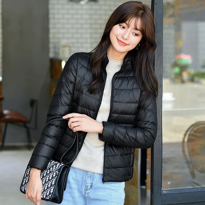 Piumino da donna coreano colletto alla coreana moda corto sottile piumino d'anatra bianco caldo cappotto ripiegabile ultraleggero femminile