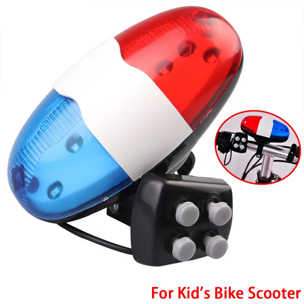 For Kid's Bike Scooter 6 LEDs 4 Tone Sounds Bicycles Horn With Light Bell Police Light Electronic Horn Siren Bicycle Accessories