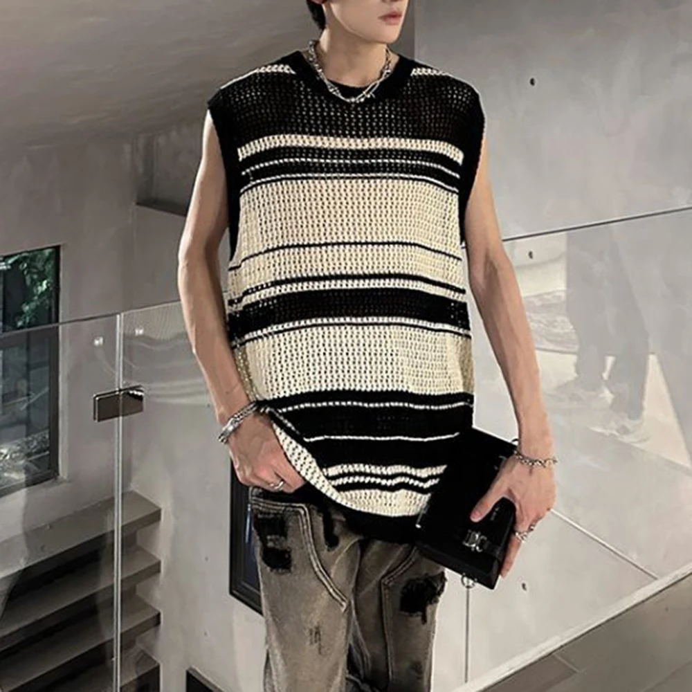 

Men's Color Matching Knitted Hollow Sleeveless Vest American Retro Fashion Trend Street Loose Breathable Casual Niche Men's Tops