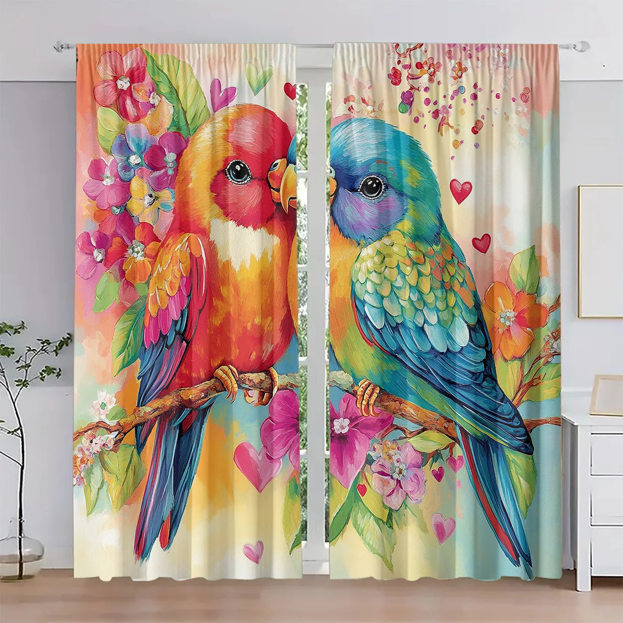 2pcs, Polyester Material, HD Digital Valentine's Day Parrot Pattern Print, Light Filtering Curtain, Suitable for Bedroom, Living