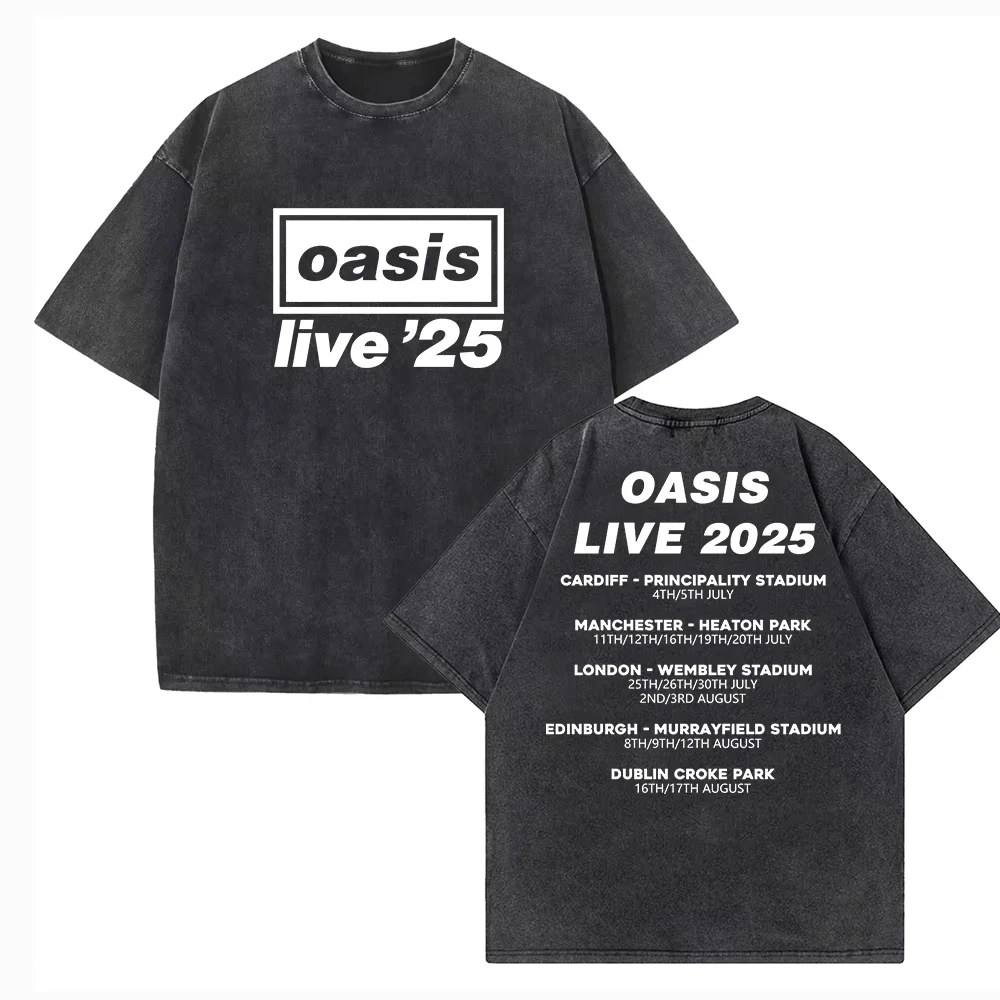 Men OASIS Live 25 Tour 2025 Vintage Summer Short Sleeve Cotton Washed T-Shirts Definitely Maybe Rock Band Albums Streetwear Tees