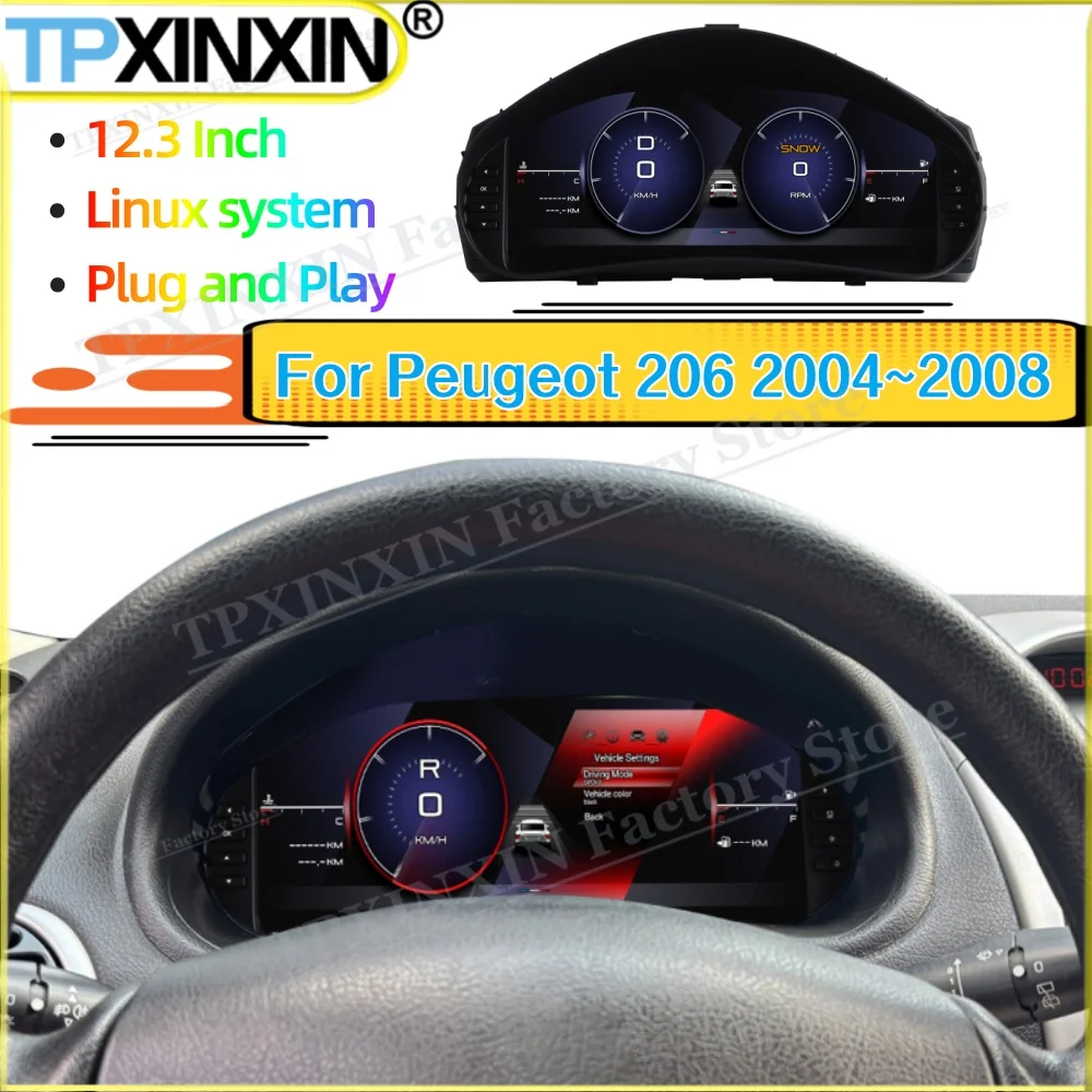12.3 Inch Digital Instrument Cluster Car Digital Dashboard LCD Gauge Cluster Speedometer Plug and Play For Peugeot 206 2004~2008