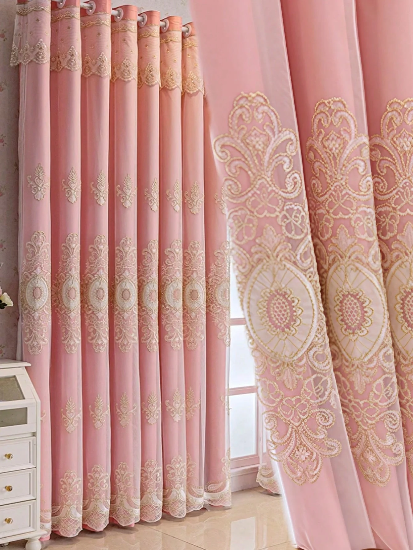1PC Luxury French Double Layer Curtain, Golden Lace Embroidery Sheer Overlay Blackout Window Drapes for Bedroom Living Room Home