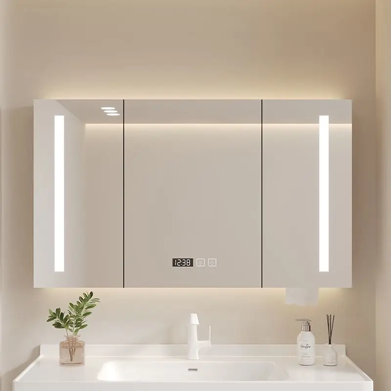 Armoire à miroir de salle de bain, lumière stratifiée de porte en verre murale, support de miroir de salle de bain, rangement séparé