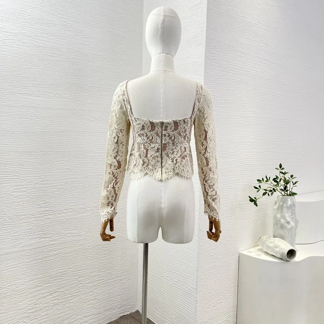 2024 Women White Long Sleeve Lace Patchwork Bow Square Collar Blouse Tops Back Zipper Closure