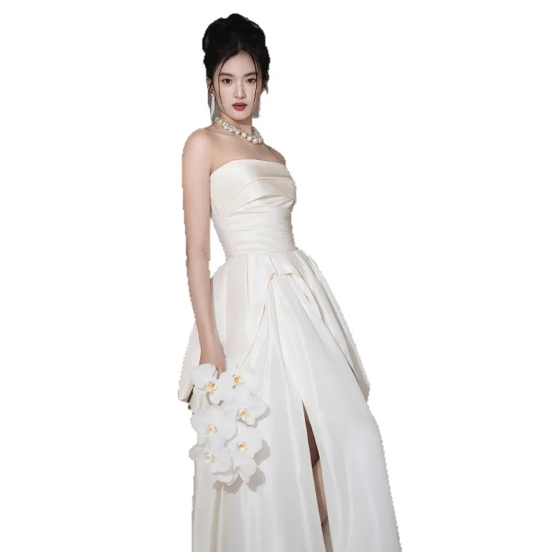 فستان زفاف فرنسي بدون حمالات، فستان زفاف خفيف وفريد للنساء، مناسب للتسجيل، أنيق، فستان أبيض طويل