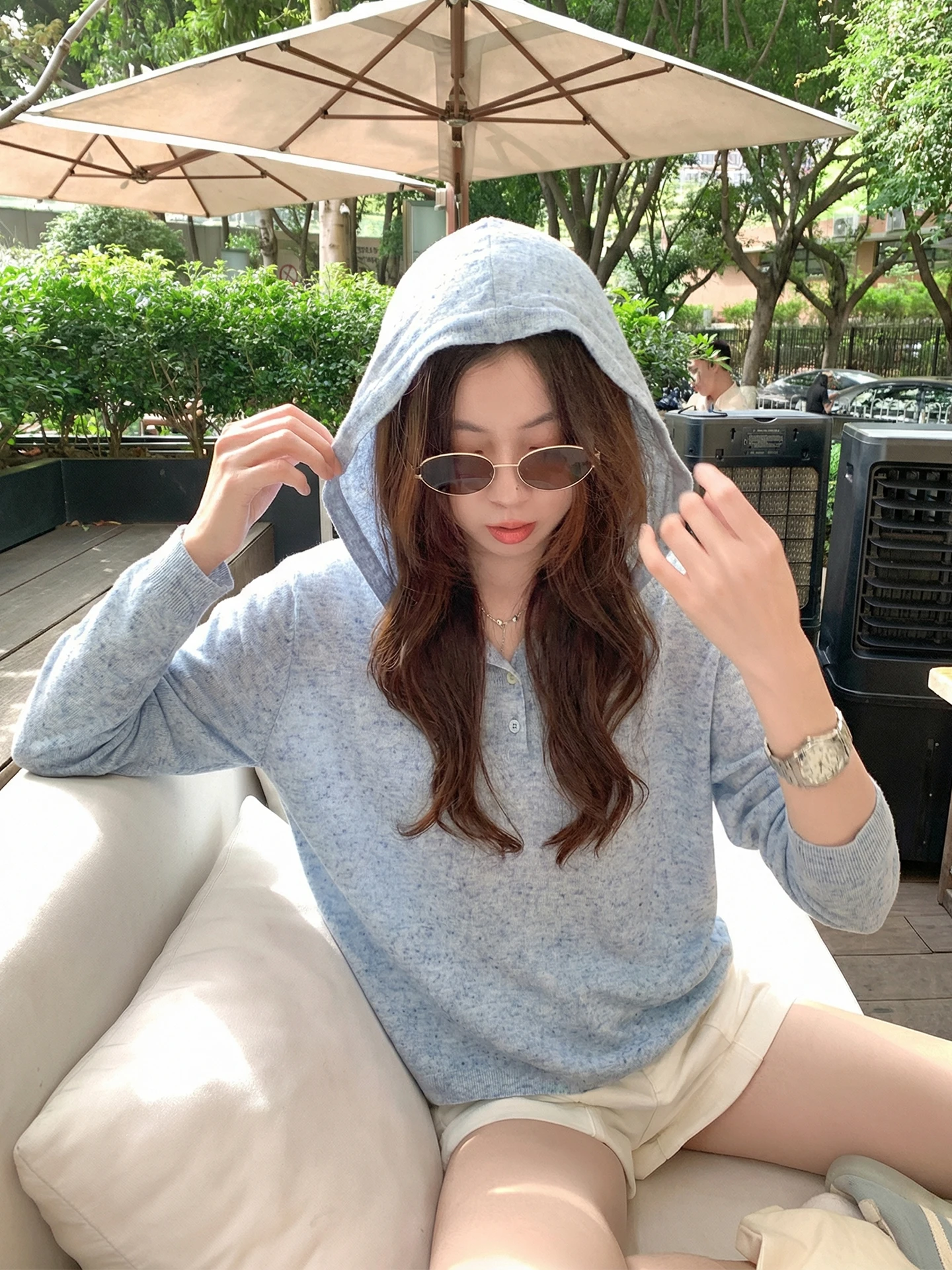 

Korean Sle Loose Fit Long Sve Blue T-irt Women's Spring New Knitted Top Thin Hooded Casual Faion Ladies' irt