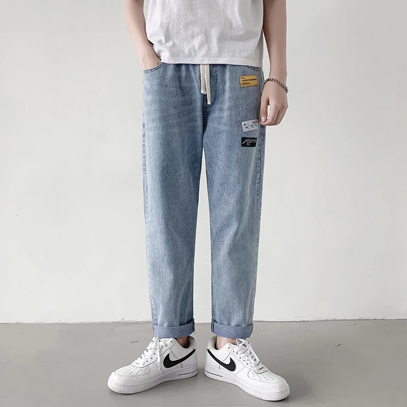 

Летние модные джинсы свободного кроя из тонкого денима для мужчин, повседневные прямые брюки в корейском стиле, широкие брюки для студентов