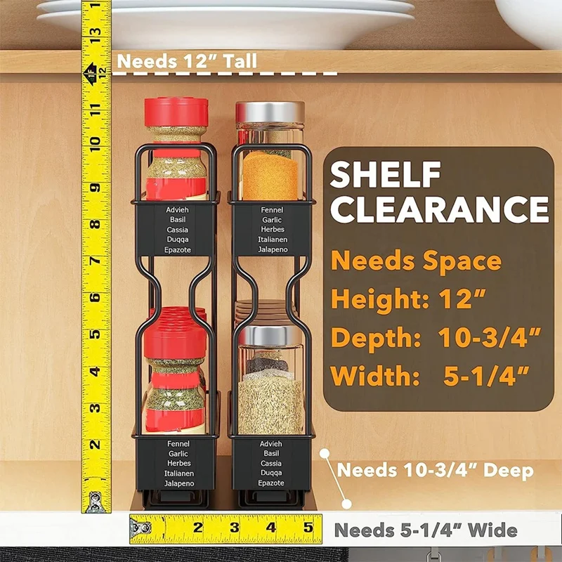 Spice Rack Organizer, 2-Tier Pull Out Seasoning Rack for Kitchen Cabinet, Spice Drawer Organizer Shelf for Small Space-AT35