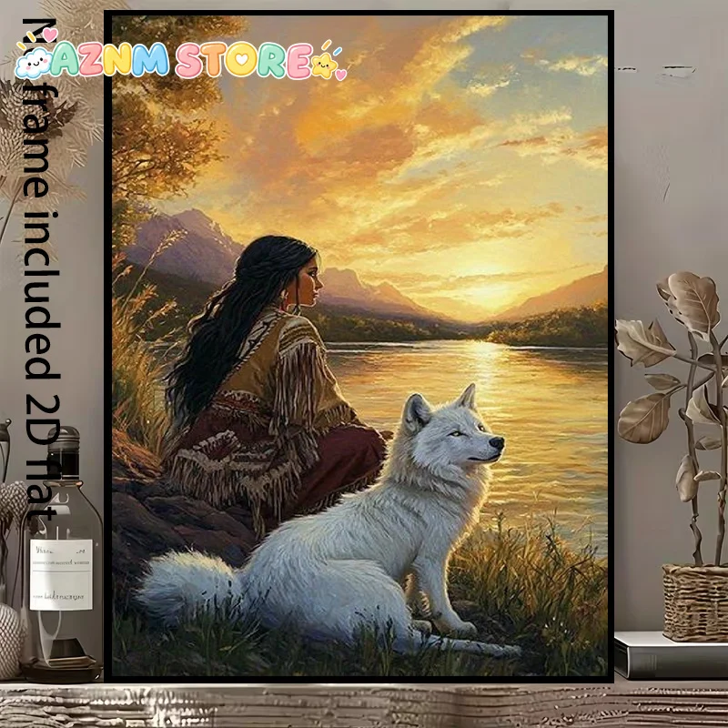 2027, , A  Canvas Painting Featuring a Local Woman Sitting Quietly by The Lake with a White Wolf Under The Sunset, Showcasing