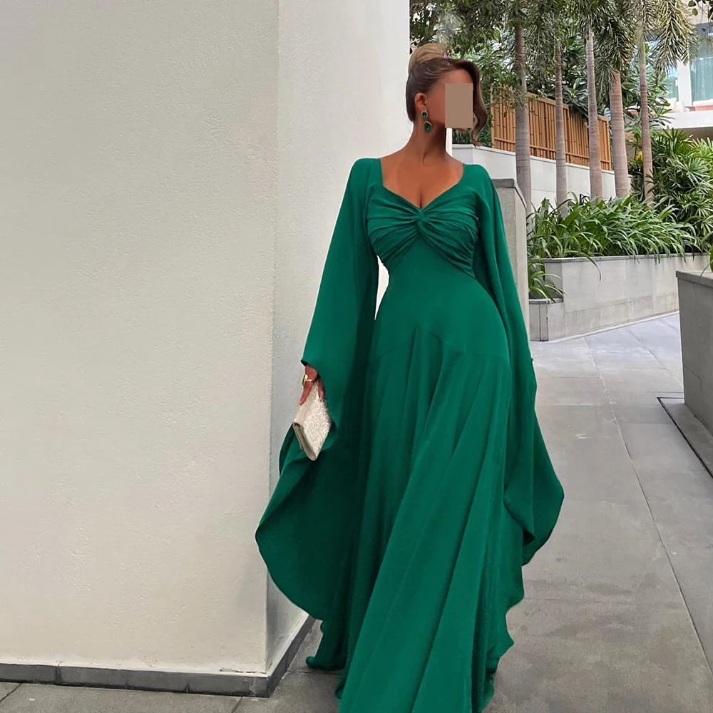 

Green Straight Floor Length Long Sleeves Square Neck Jersey Elegant Party Dresses Woman Pleats Sweep Train Quinceanera Gowns