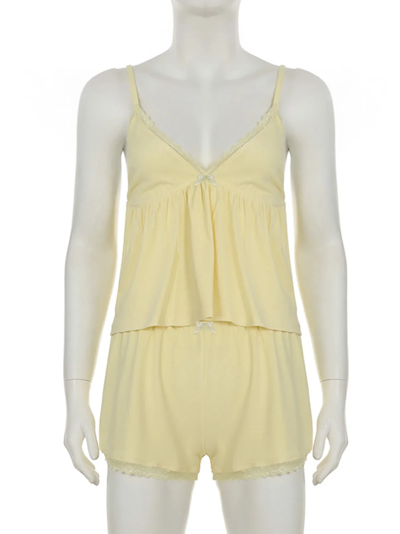 Lace Patchwork Solid Backless Two-piece Set Sleeveless Halter Vacation Sexy Sweet Suit Deep V-neck Summer Twinset